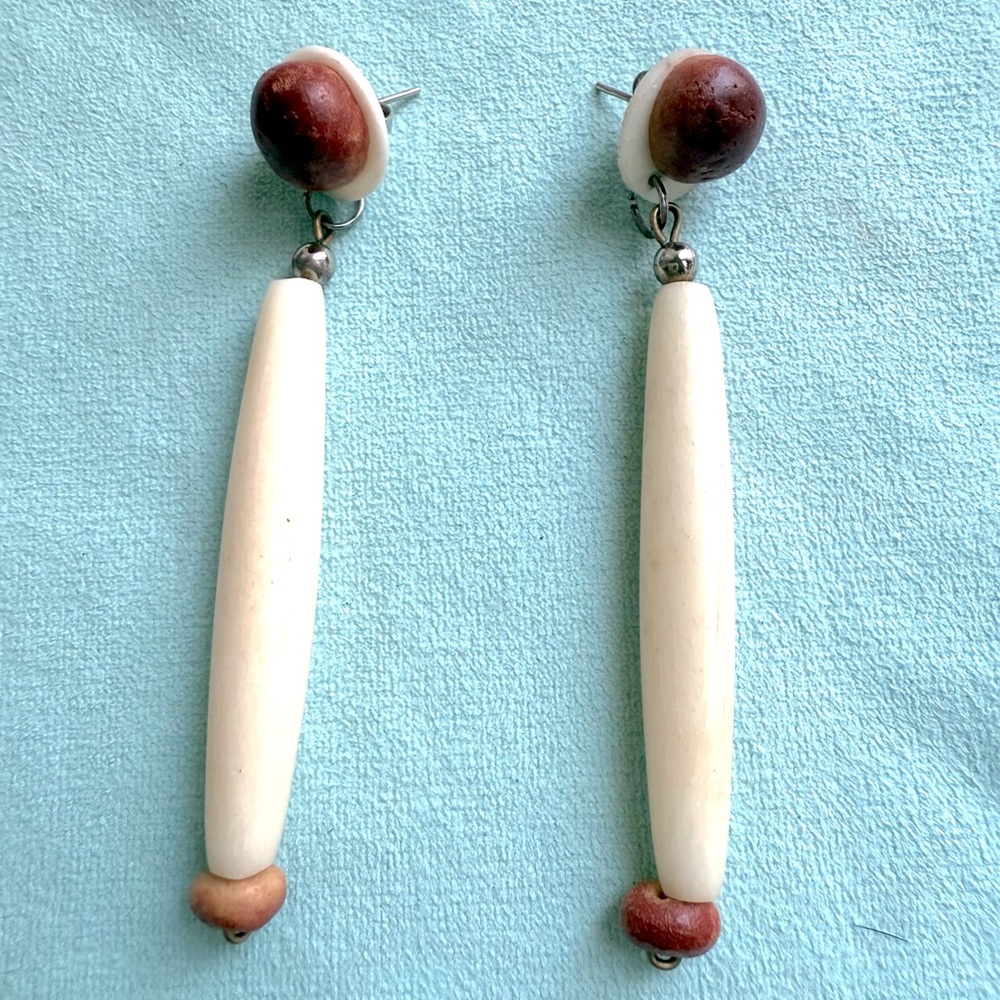 Bone handcrafted vintage native earrings Chic Brown and Cream